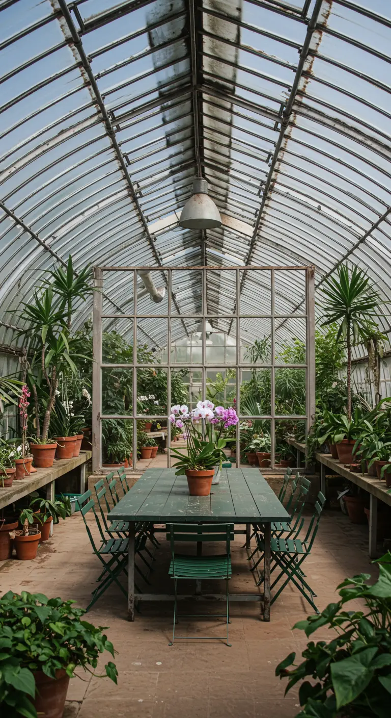 A large window frame acts as a backdrop for a dining set inside a spacious glass greenhouse.