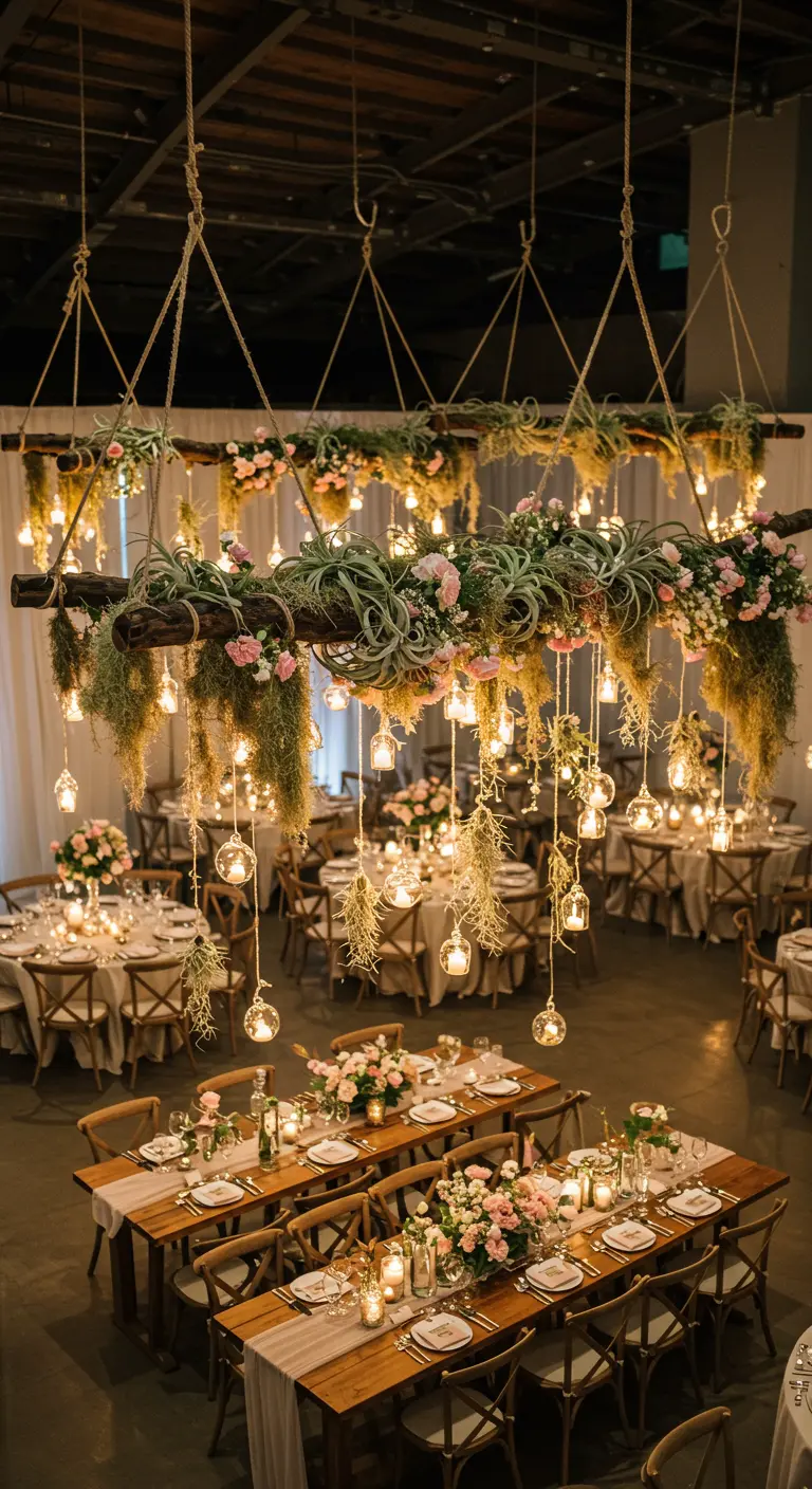 Large hanging floral installation with air plants, roses, and lights over tables.
