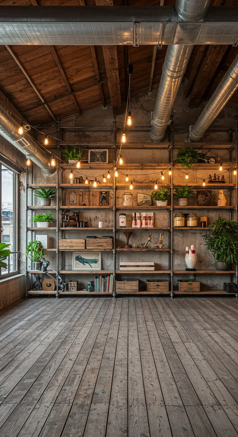 A vast loft-like room with a wall-to-wall pipe shelving unit decorated with books, objects, and string lights.