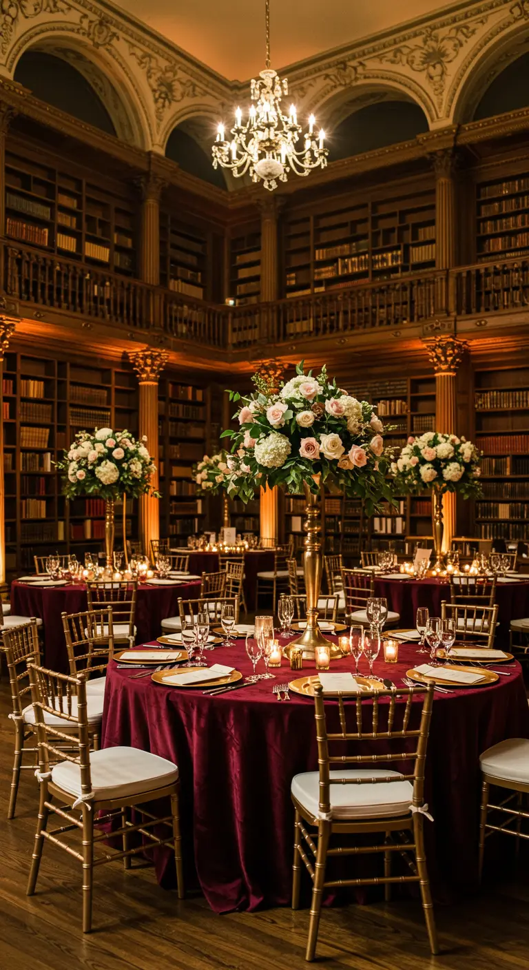 A gorgeous library wedding with round tables covered in burgundy velvet and tall blush floral arrangements.