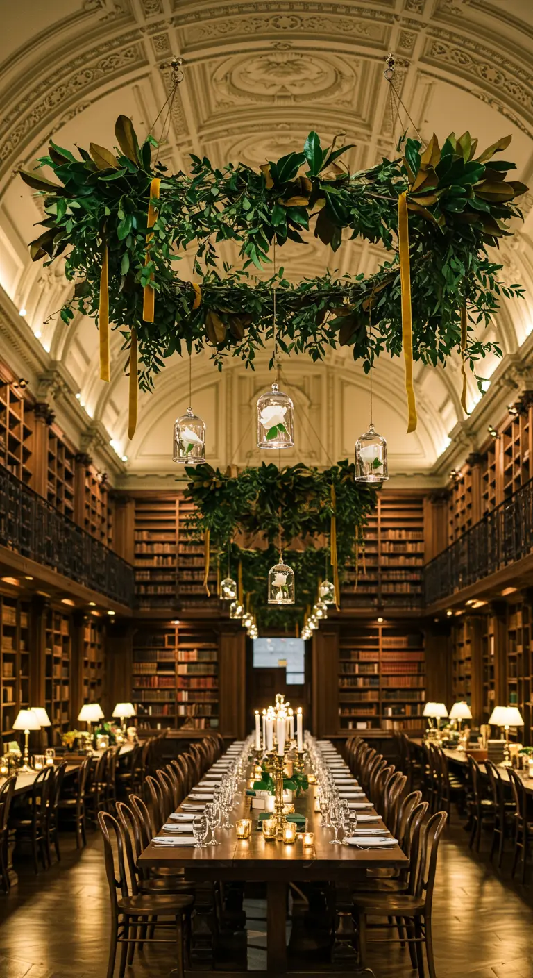 A grand library wedding with a large hanging magnolia wreath and glass cloche vases.