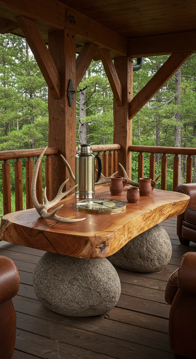 A massive live-edge wood table resting on two large boulders on a rustic lodge porch.