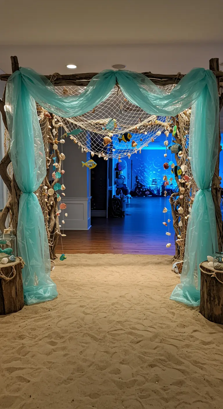 Grand driftwood archway with aqua fabric, fishing nets, and seashells leading into a blue-lit room.