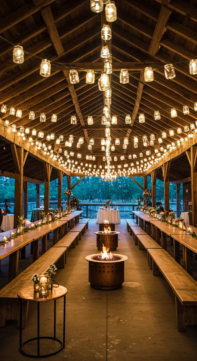 A large event pavilion with long tables, log benches, two fire pits, and hundreds of mason jar lights.