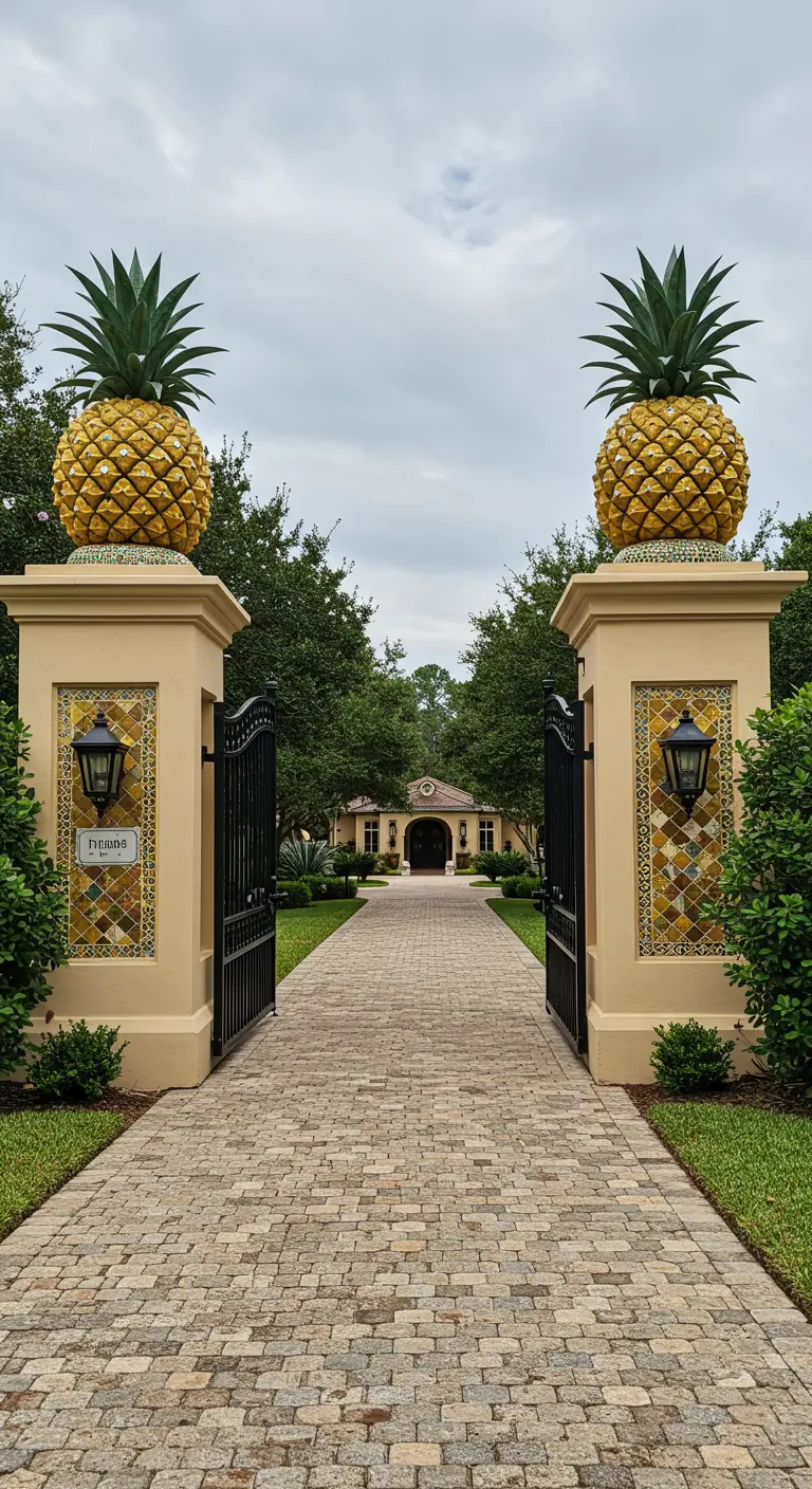 Grand entrance gates with pillars topped by pineapple sculptures and decorated with yellow mosaic tiles.