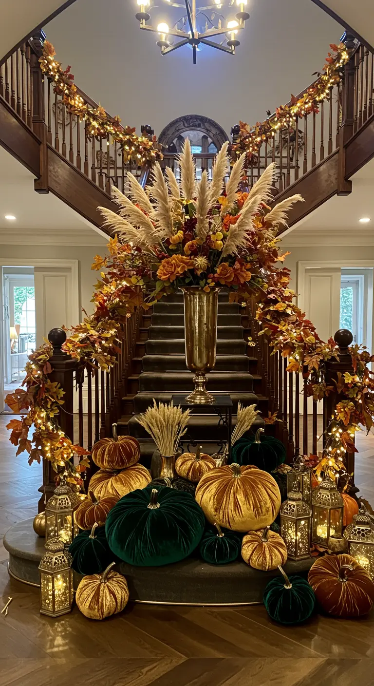 Grand staircase with fall garlands, lights, and a large display of velvet pumpkins.