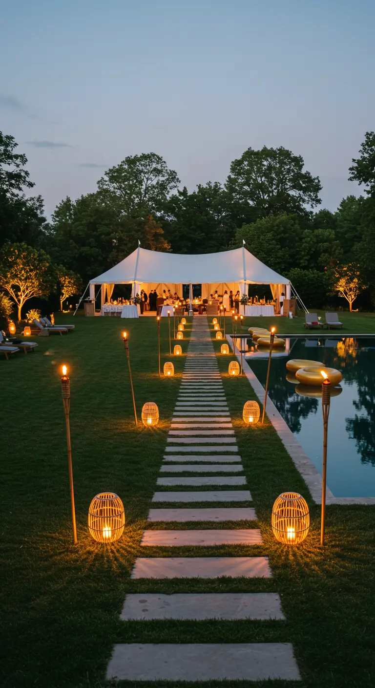Stone path to a party tent, illuminated by tiki torches and rattan floor lanterns.