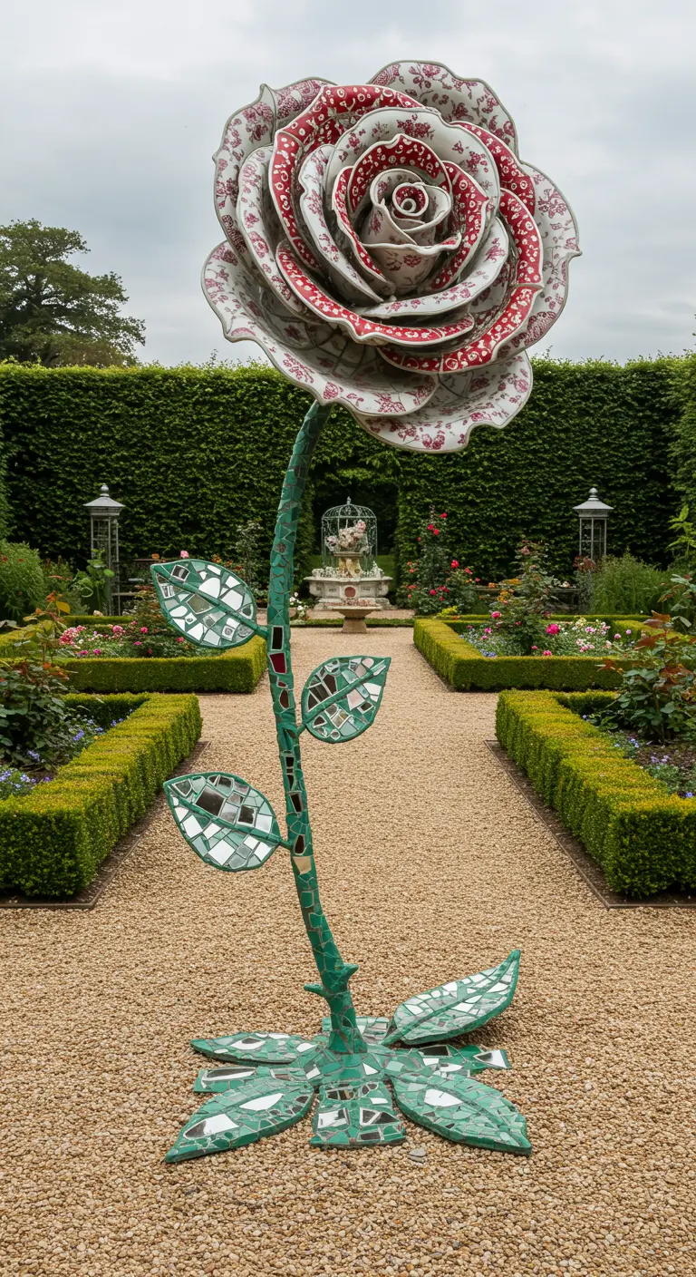 A giant mosaic rose sculpture with red and white china petals in a formal garden.