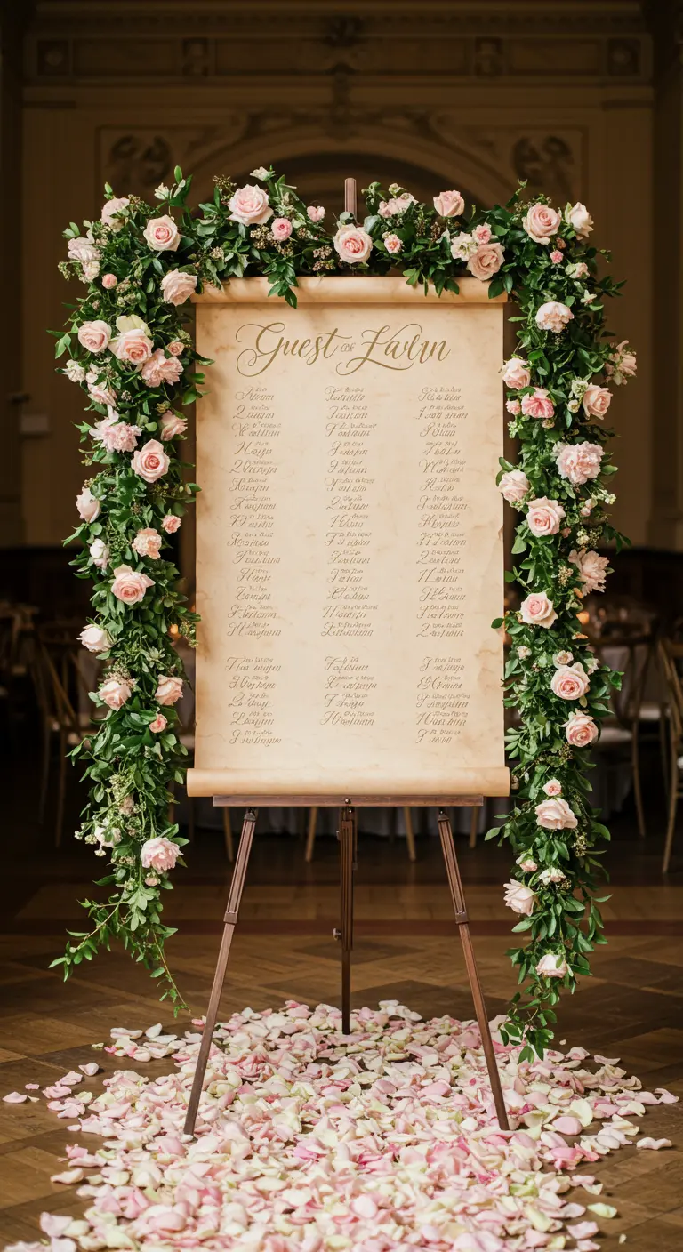 A large guest list scroll on an easel, framed by a dramatic arch of roses.