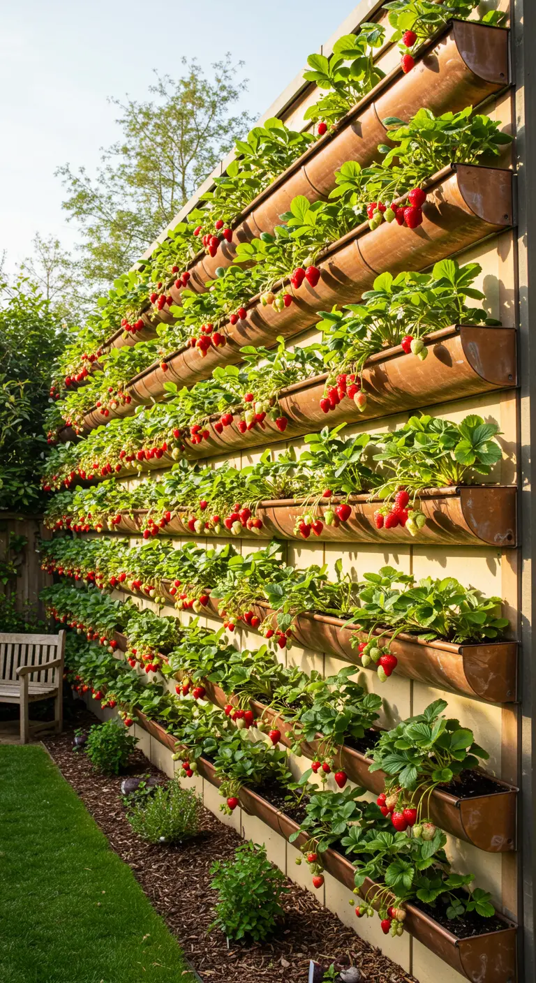 Large wall of copper gutters brimming with strawberry plants and ripe berries
