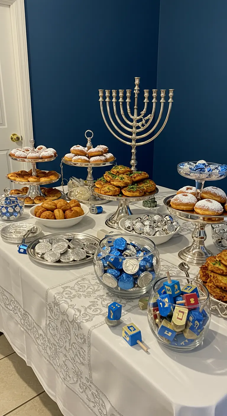 A Hanukkah dessert table laden with sufganiyot, gelt, and dreidels on silver platters.