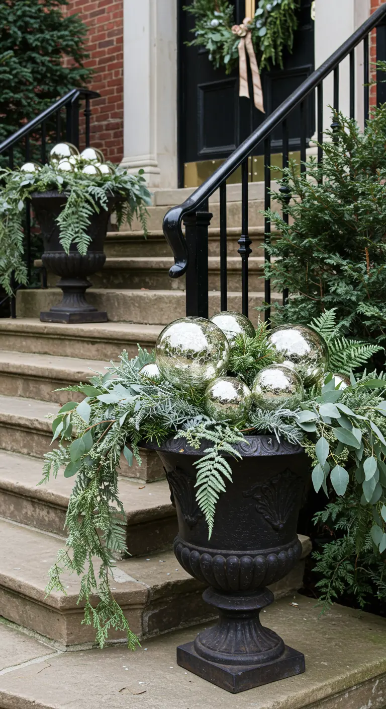A classical black urn on stone steps, overflowing with greenery and silver baubles.