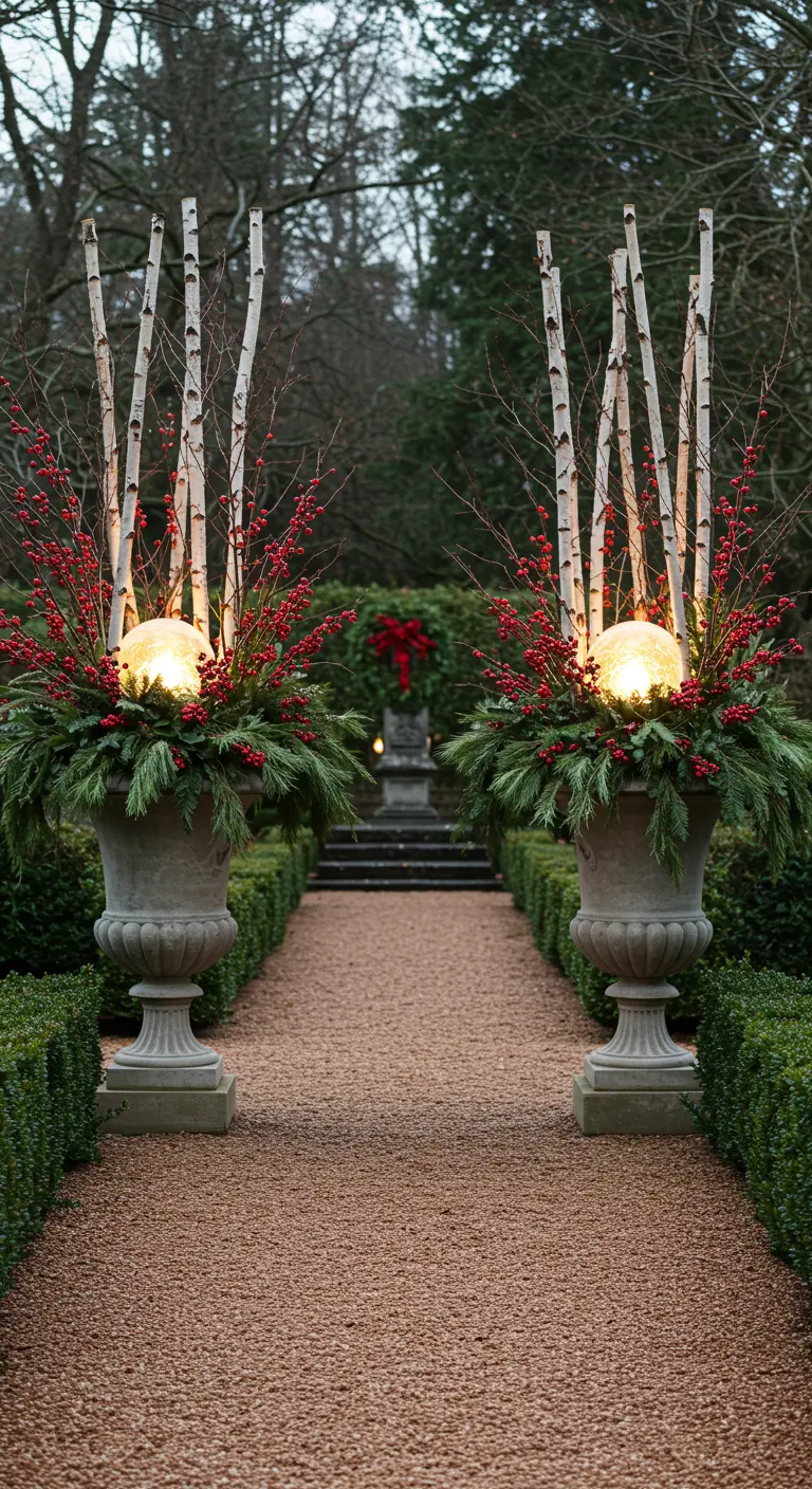 Two large stone urns with tall arrangements of birch poles, red berries, and glowing orbs.