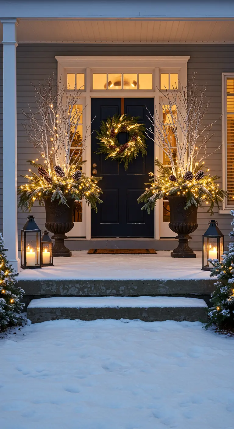 Symmetrical front porch urns with lit birch branches and pine for winter.