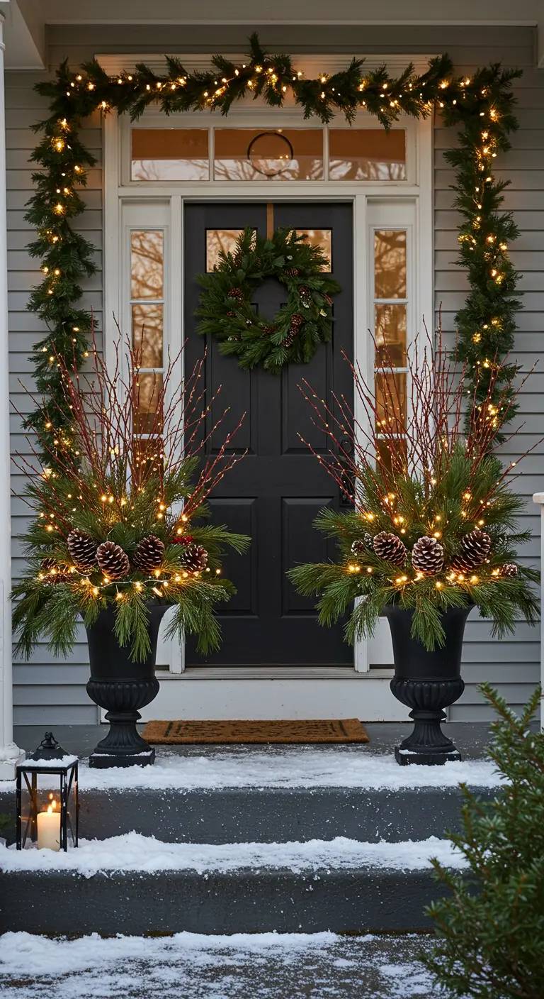 Two large black urns with winter greenery and lights flanking a front door.