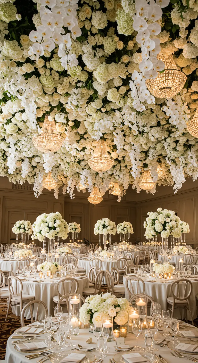 A dense floral ceiling of white orchids, roses, and hydrangeas with crystal chandeliers.