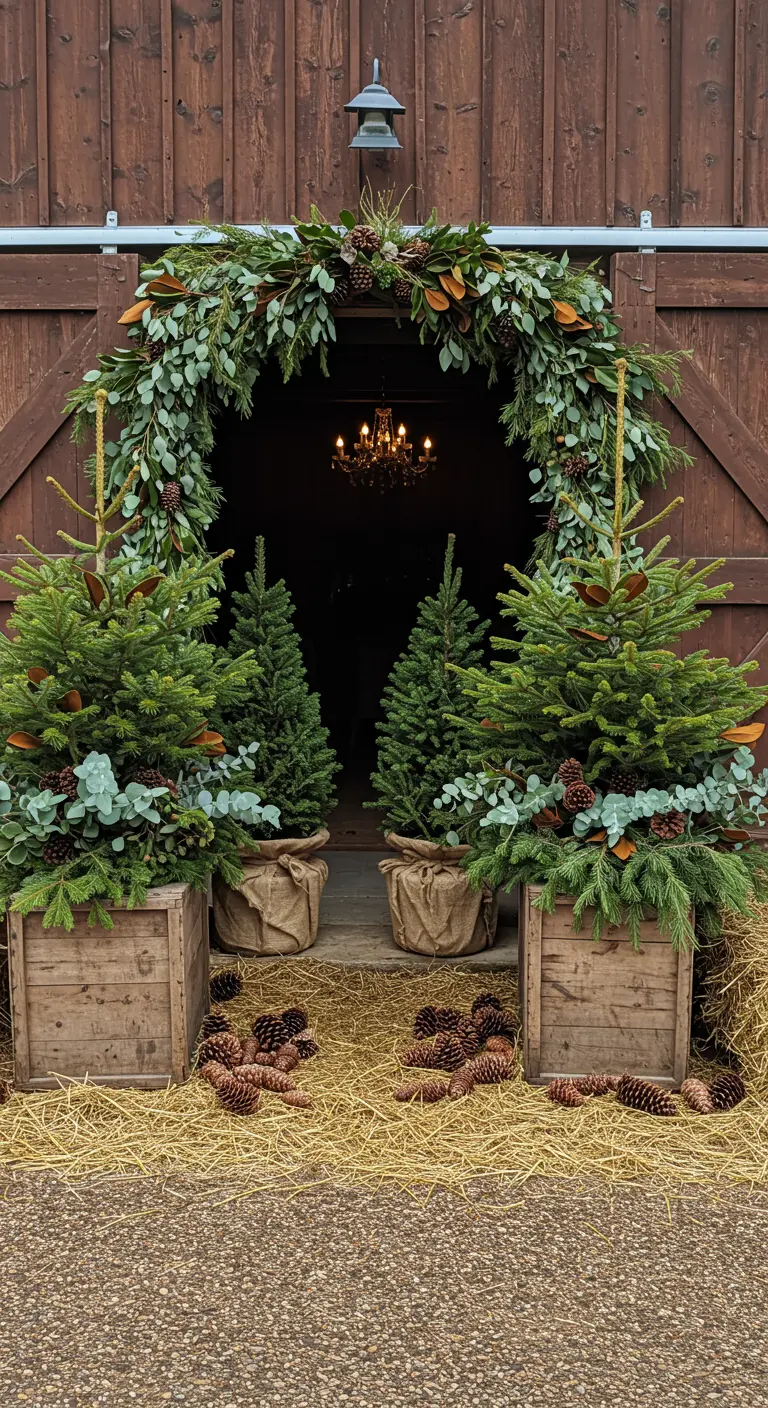 A barn door flanked by large crates holding fir trees, with a lush eucalyptus garland overhead.