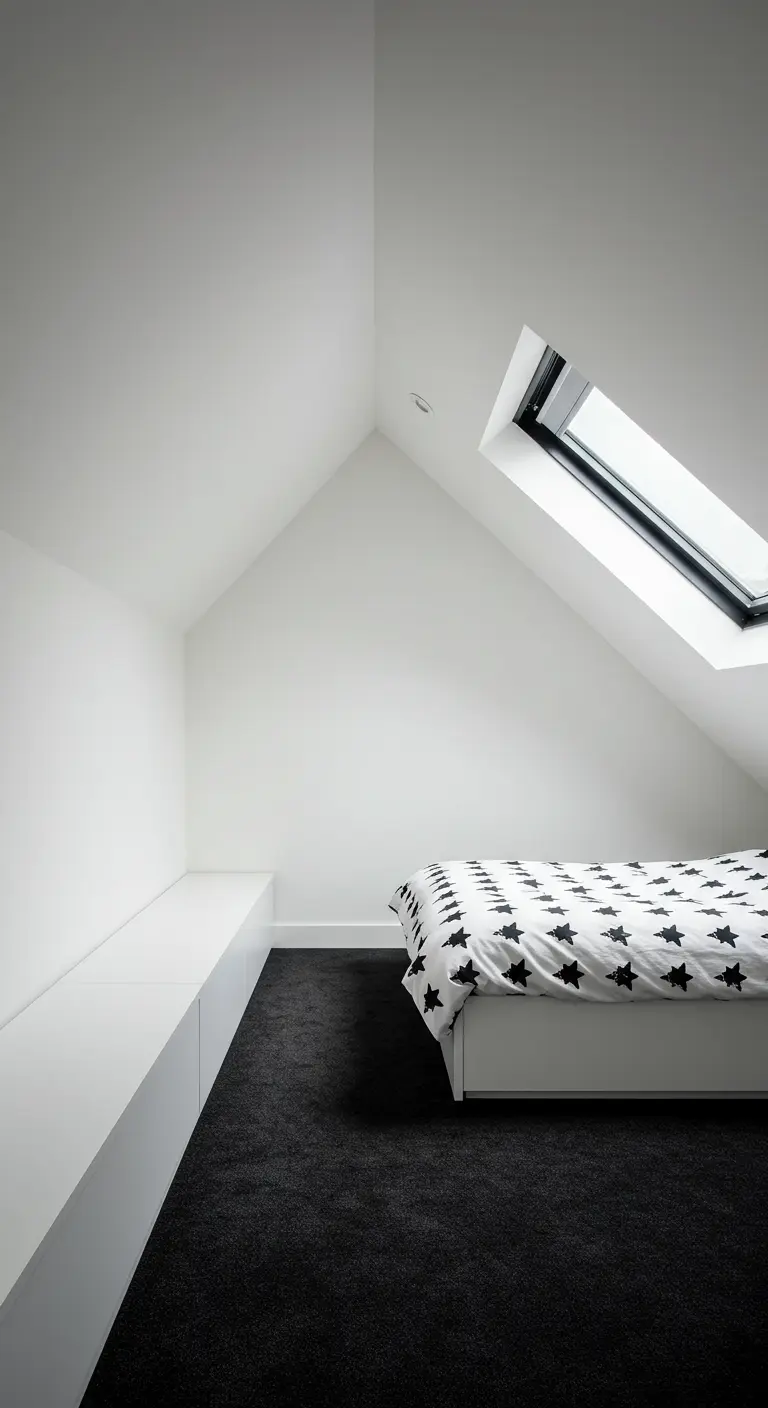 Attic bedroom with a skylight, white walls, and dark gray carpeting.