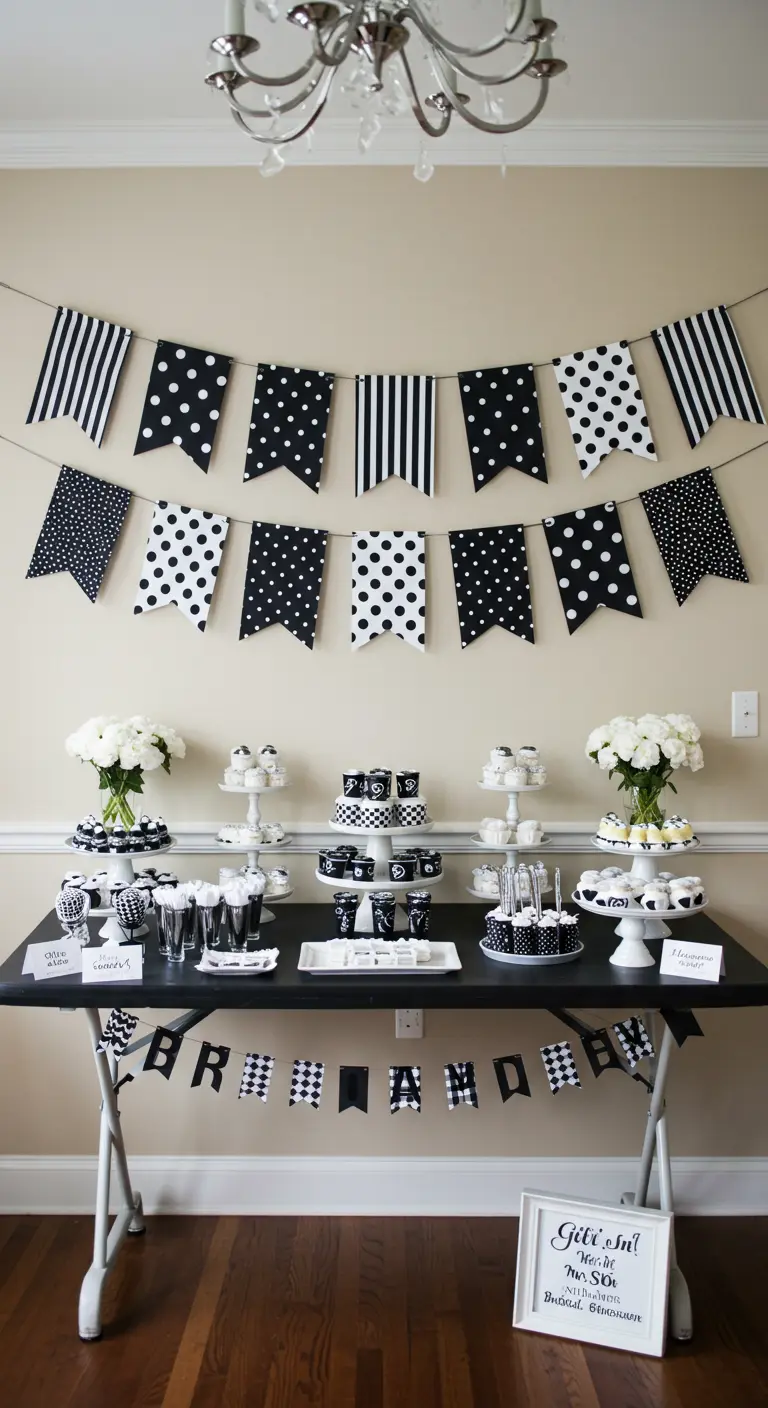 Black and white patterned bunting over a matching dessert table