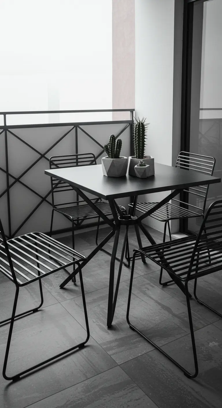 A black metal dining set with a strong geometric design on a minimalist gray balcony.