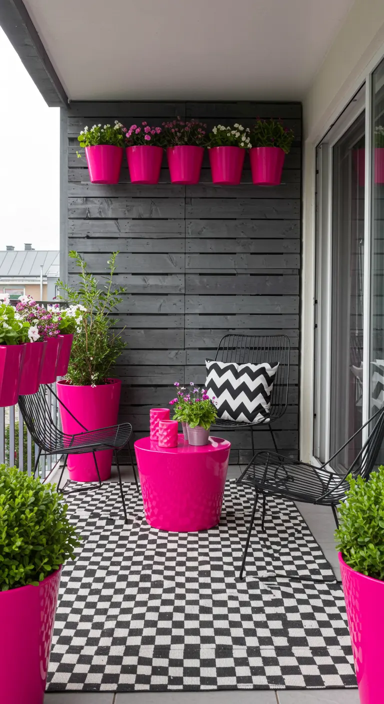 A balcony with a black wall, a checkerboard rug, and vibrant hot pink planters and table.