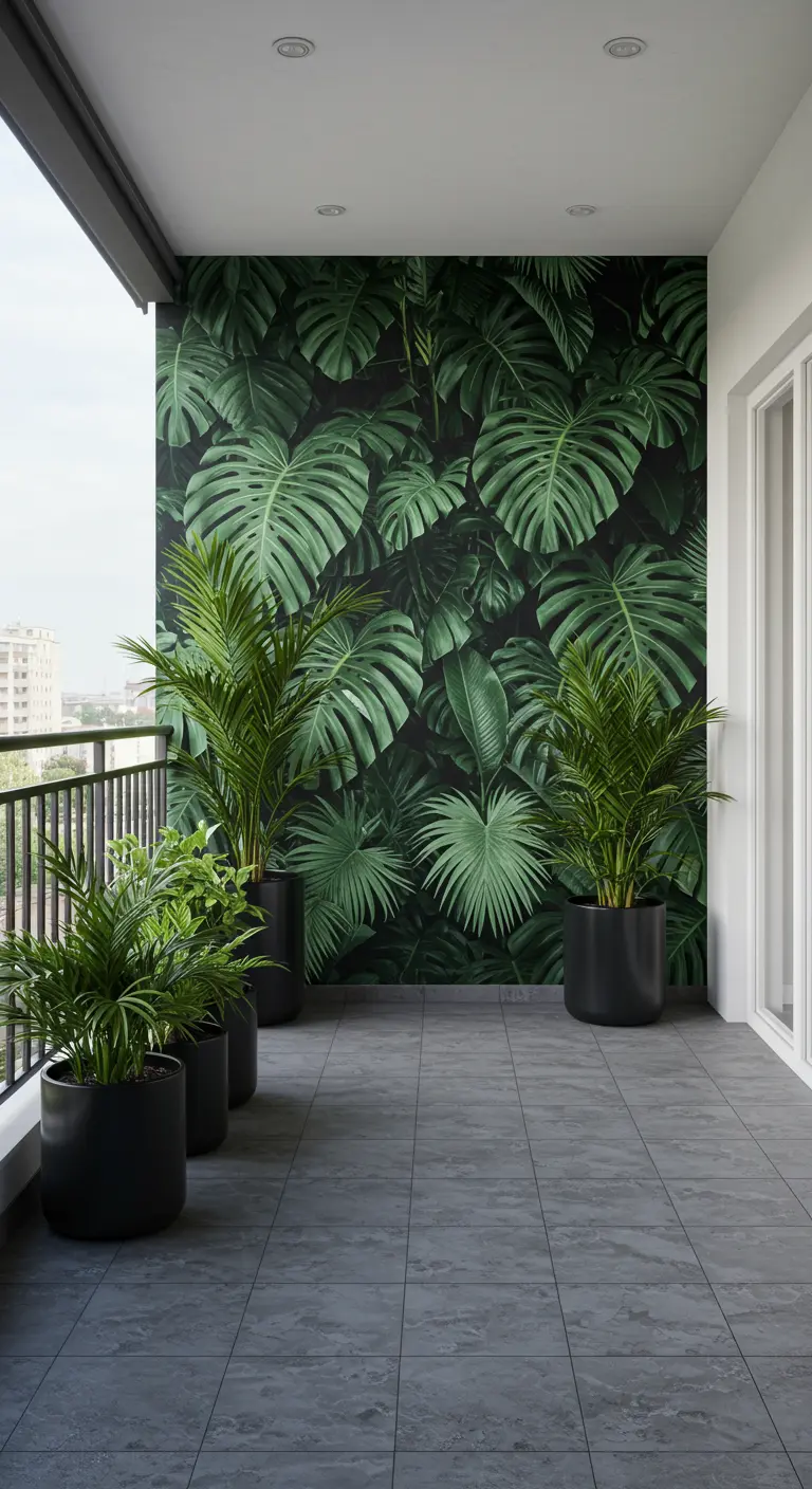 A modern balcony with a large feature wall covered in monstera leaf wallpaper.