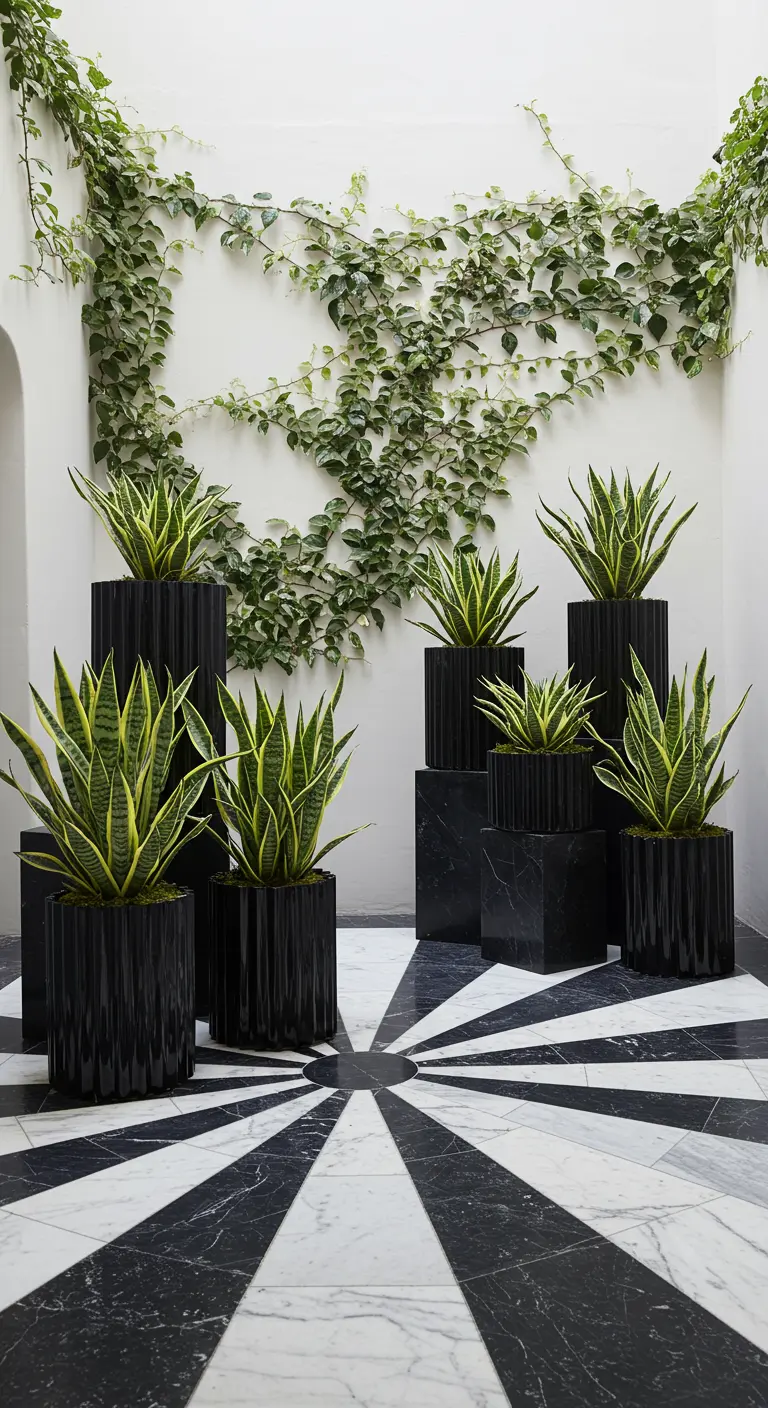 A stunning black and white marble sunburst floor with snake plants in black pots.