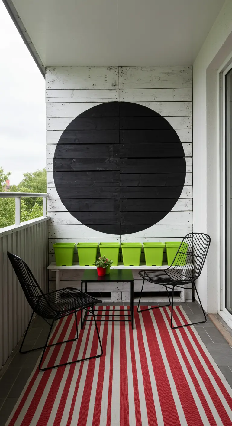 White pallet wall with a large black circle painted on it, paired with a red striped rug.