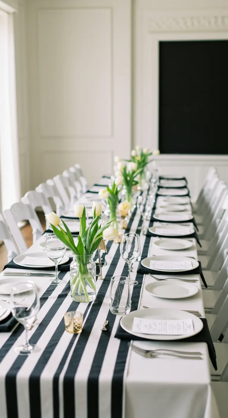Long white table with a black and white striped runner and fresh tulips.