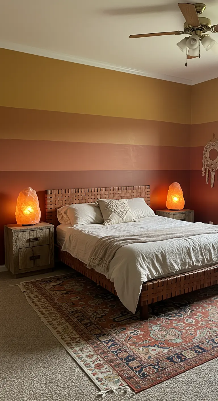 A bedroom with a horizontally striped wall in sunset shades of orange, terracotta, and yellow.