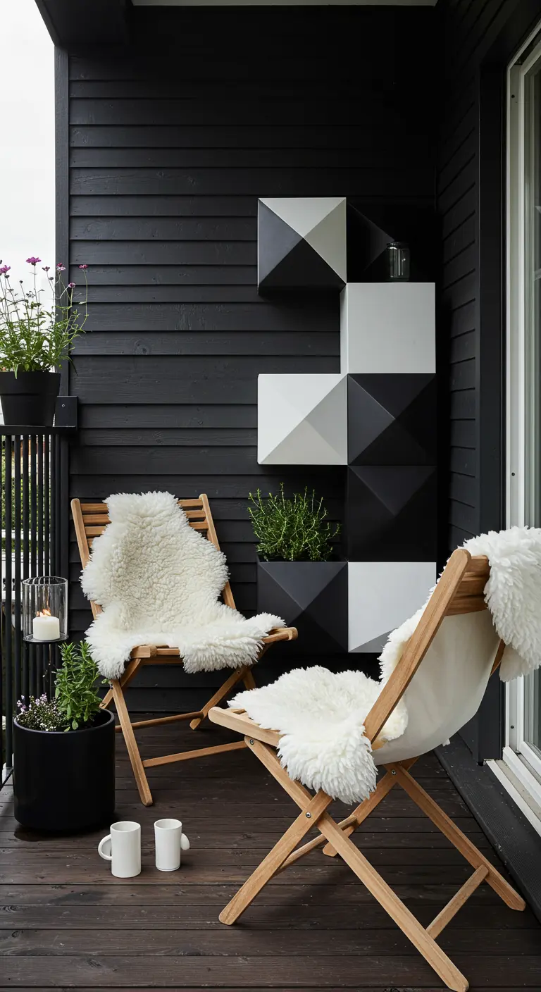 A balcony with a black wall decorated with black and white geometric wall planters.
