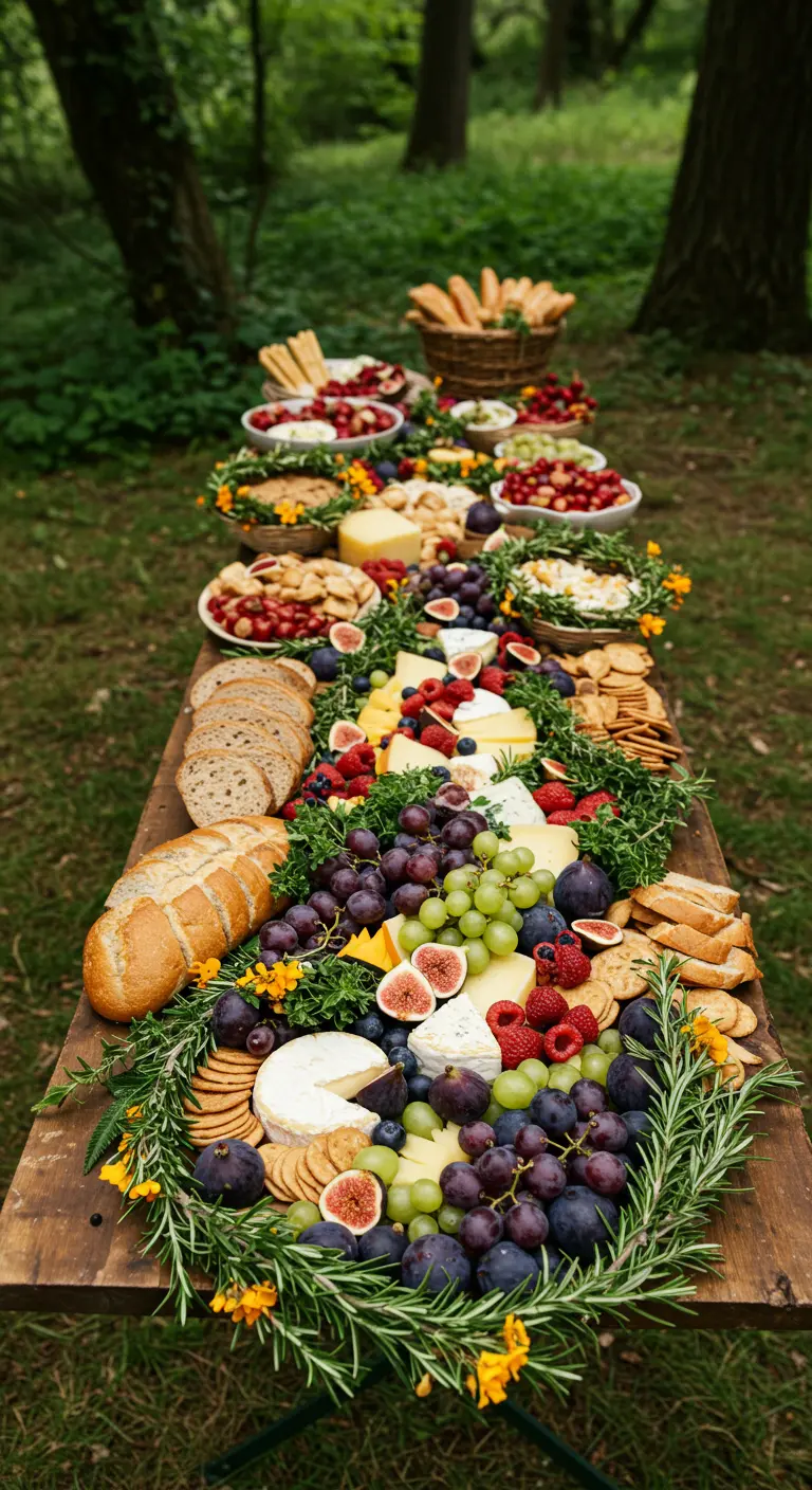 A long wooden grazing table laden with food and decorated with rosemary garlands.