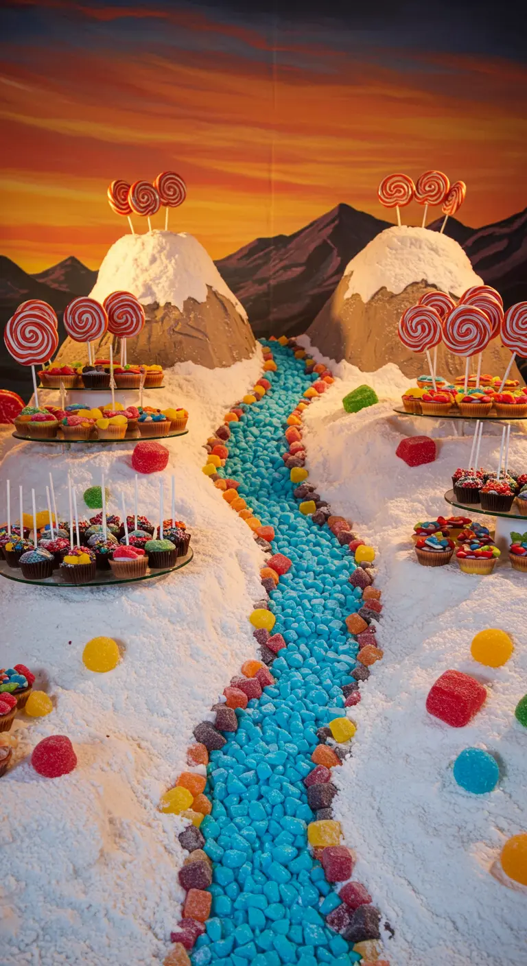 Dessert table designed as an edible landscape with a river of blue candy.