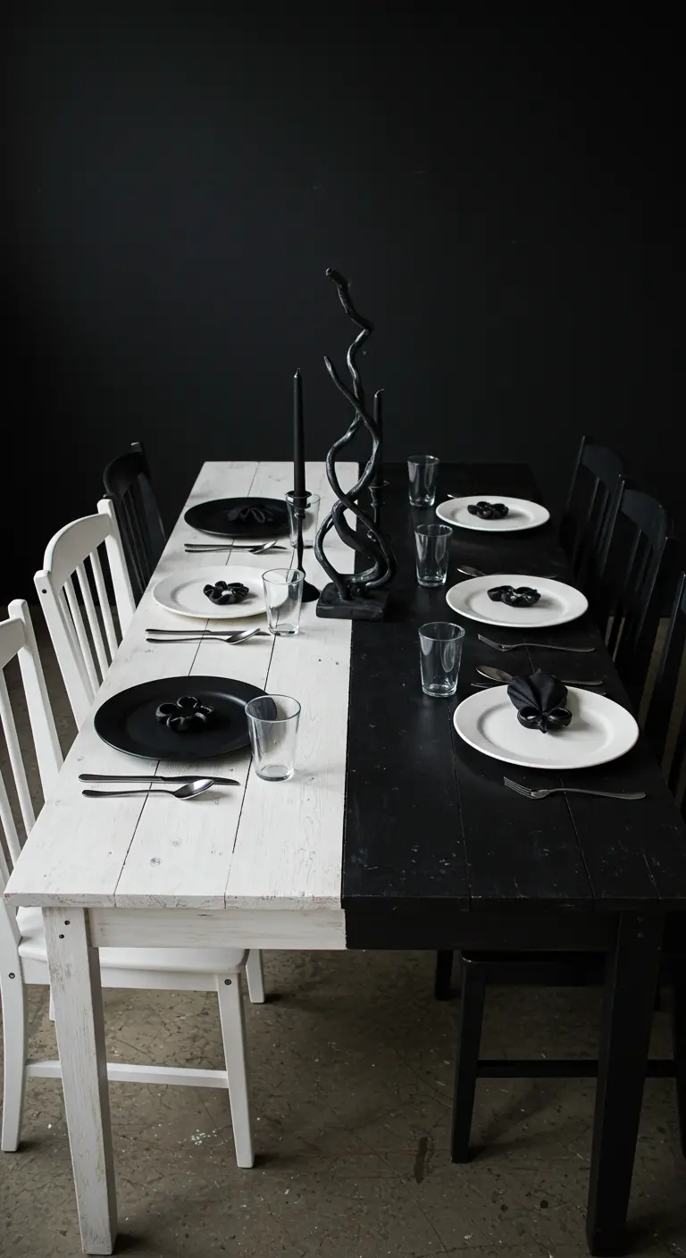 A dining table painted half black and half white, with contrasting place settings.