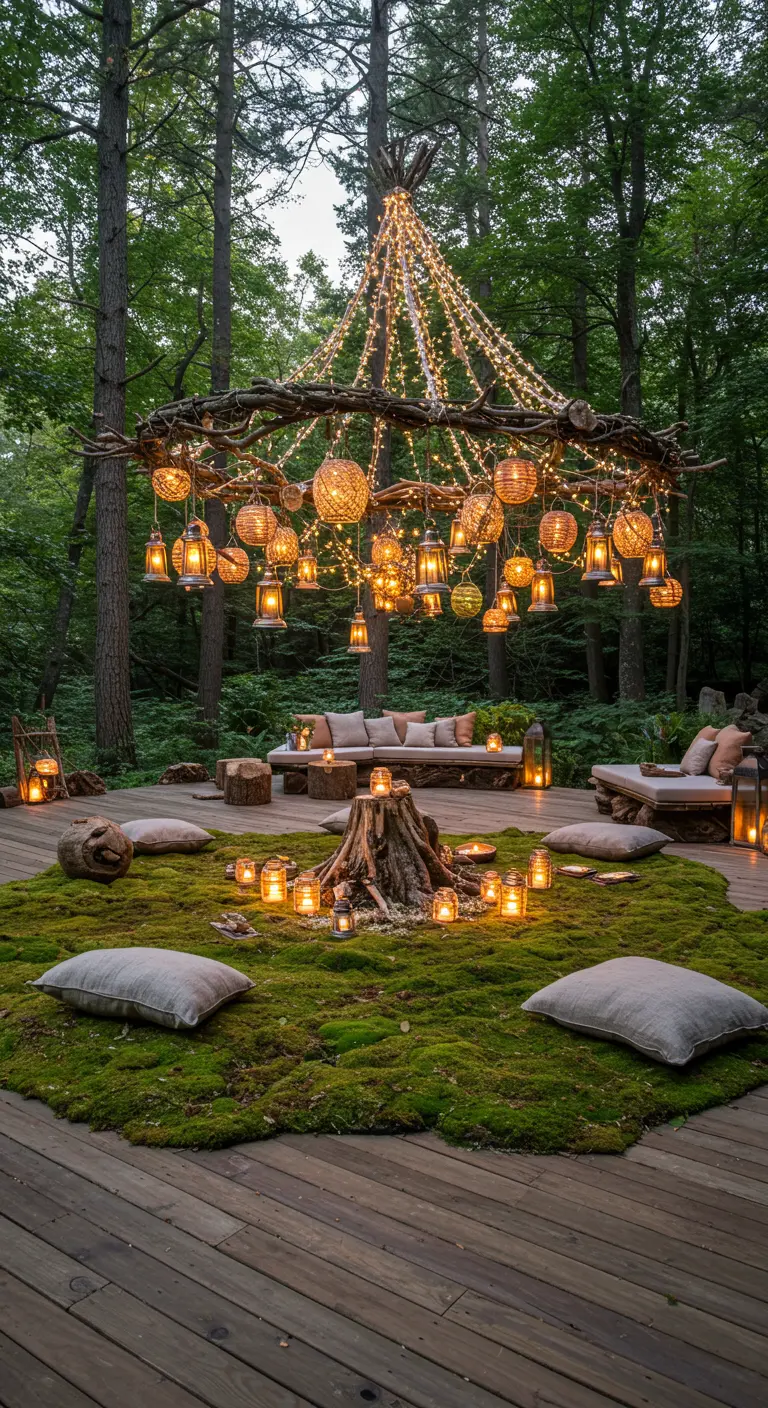 A forest deck with a huge twig chandelier and floor cushions on a mossy platform.