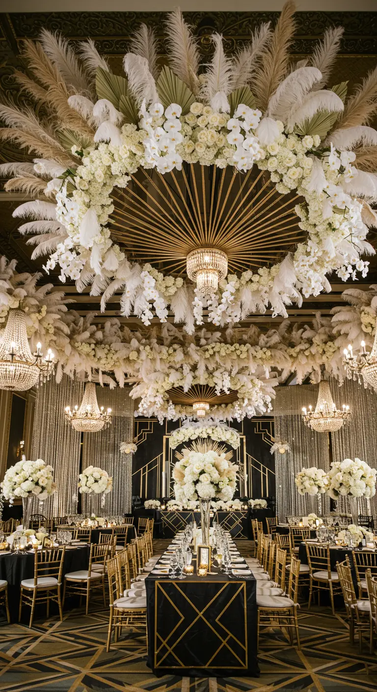 An Art Deco-inspired ceiling with white flowers and pampas grass in a sunburst pattern.