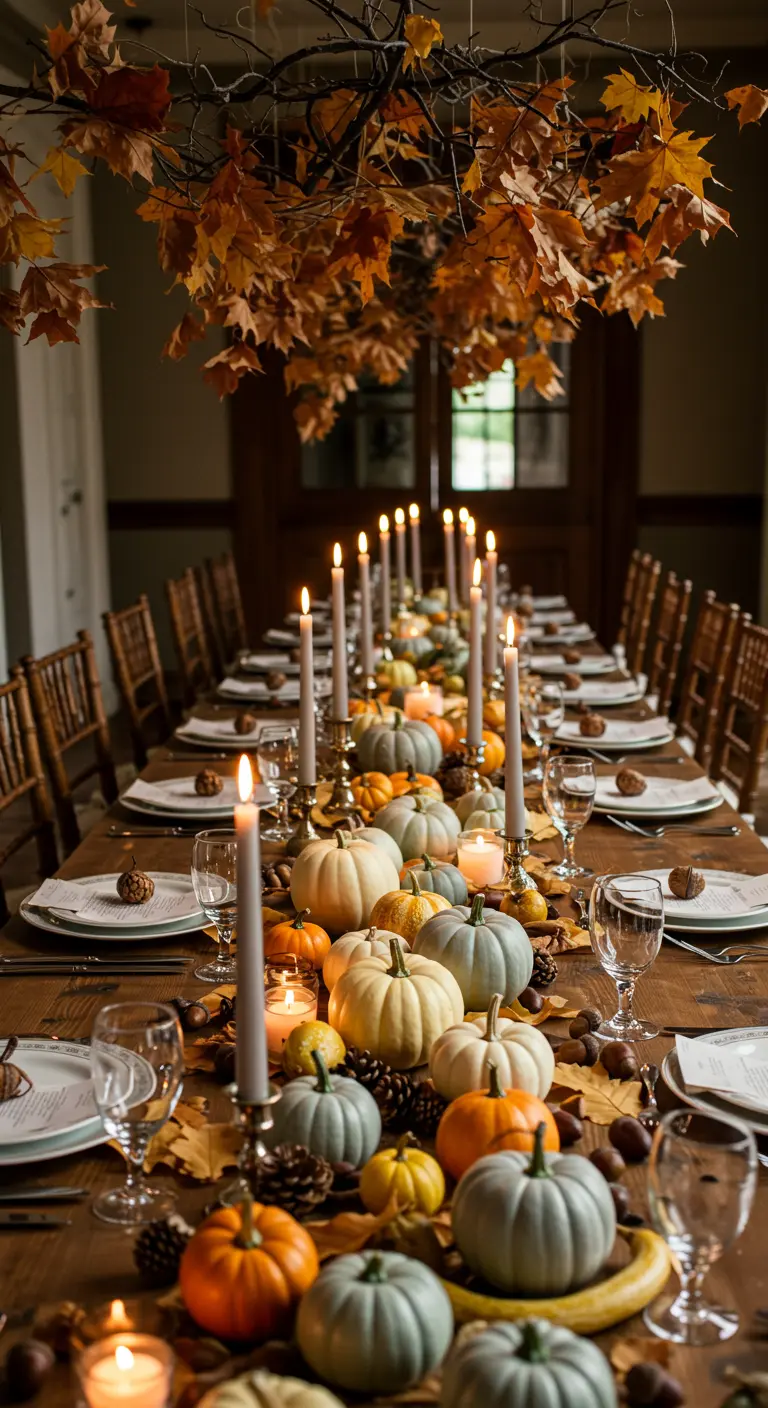 A long dining table lavishly decorated with autumn leaves, pumpkins, and candles.