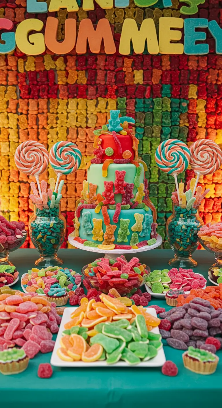 Dessert table overflowing with gummy bears, including a backdrop made of gummies.