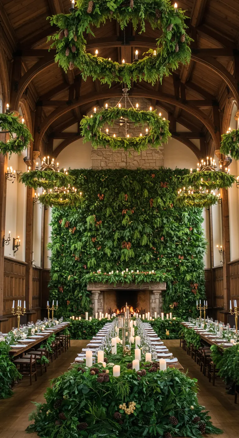 A grand hall with massive evergreen wreaths, a living wall, and long candlelit banquet tables.