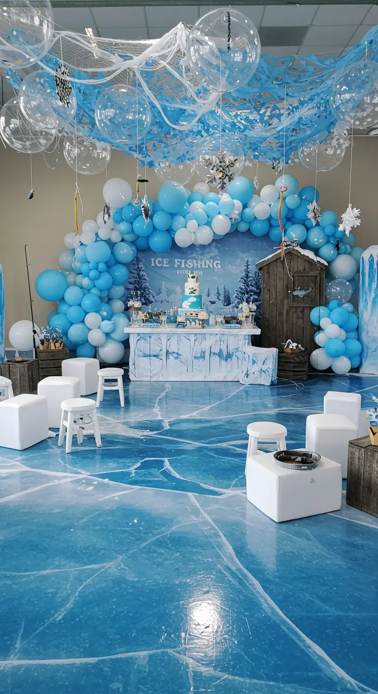 An 'ice fishing' party with a cracked-ice floor graphic, blue balloons, and fishing props.