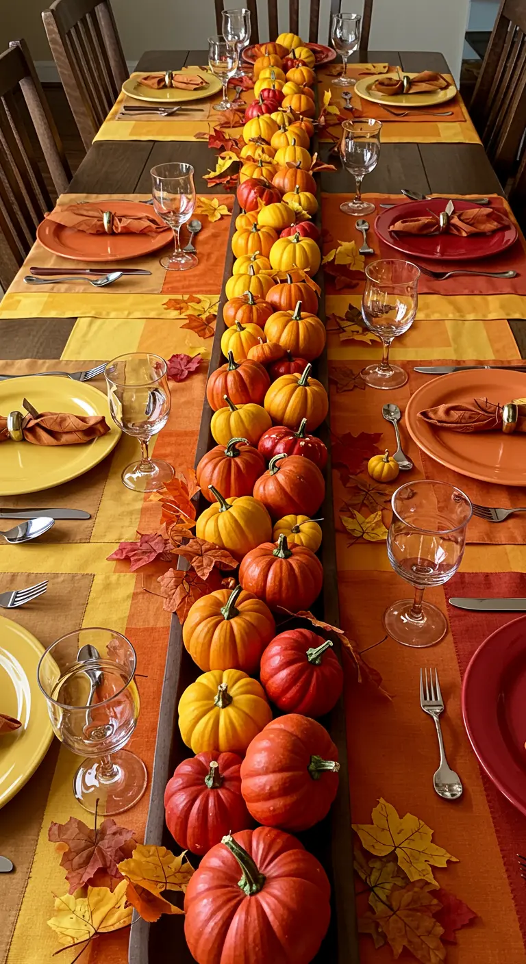 A long table runner filled with mini pumpkins arranged in an ombré pattern from yellow to orange to red.