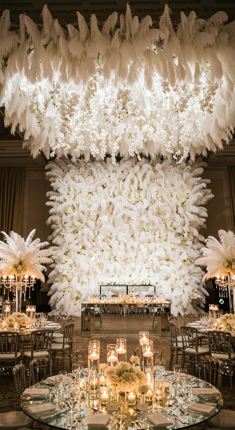A dramatic ceiling of fluffy white feathers and hanging orchids, with a matching wall.