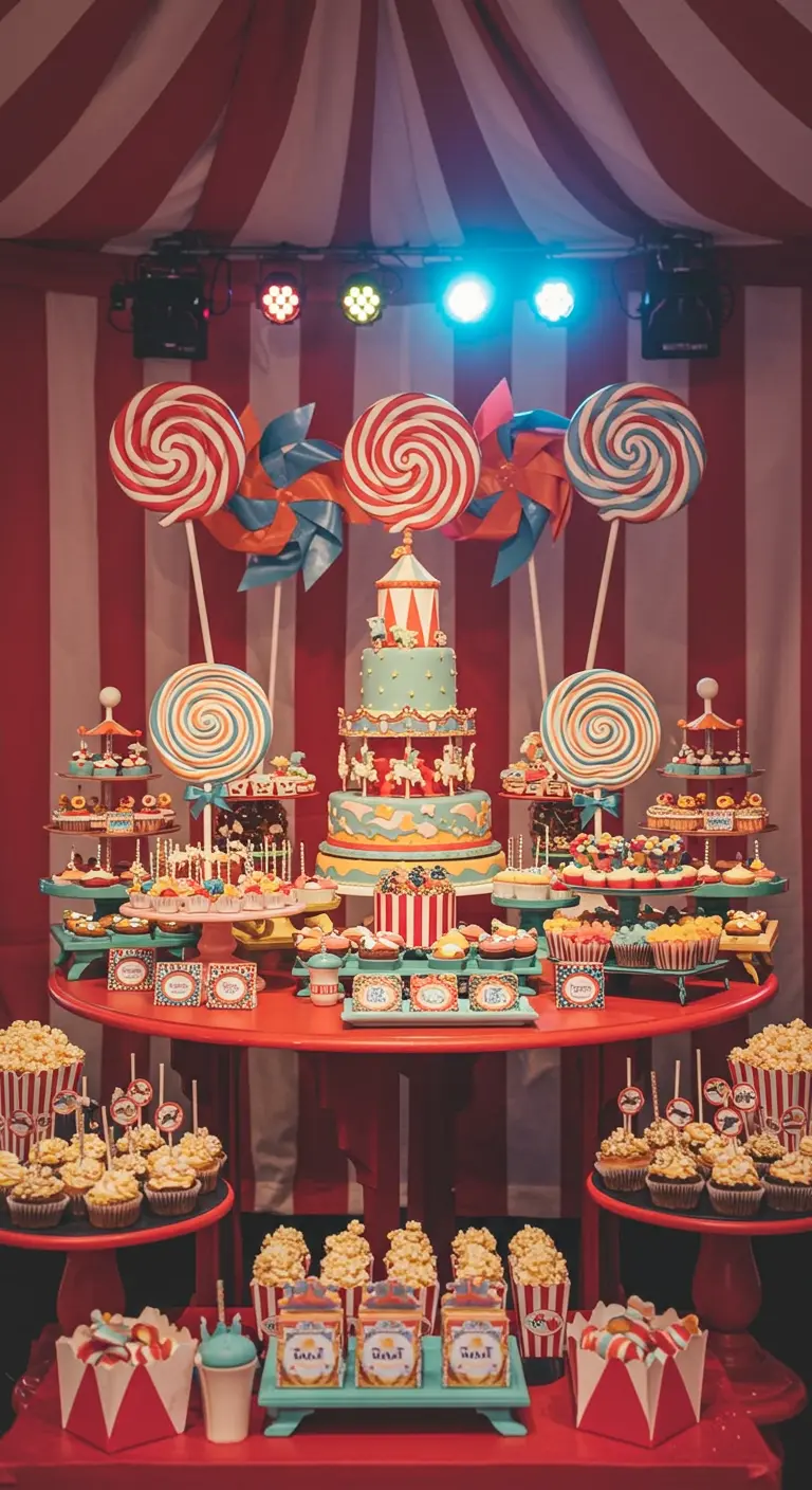 Circus-themed dessert table with a red and white striped big top background.