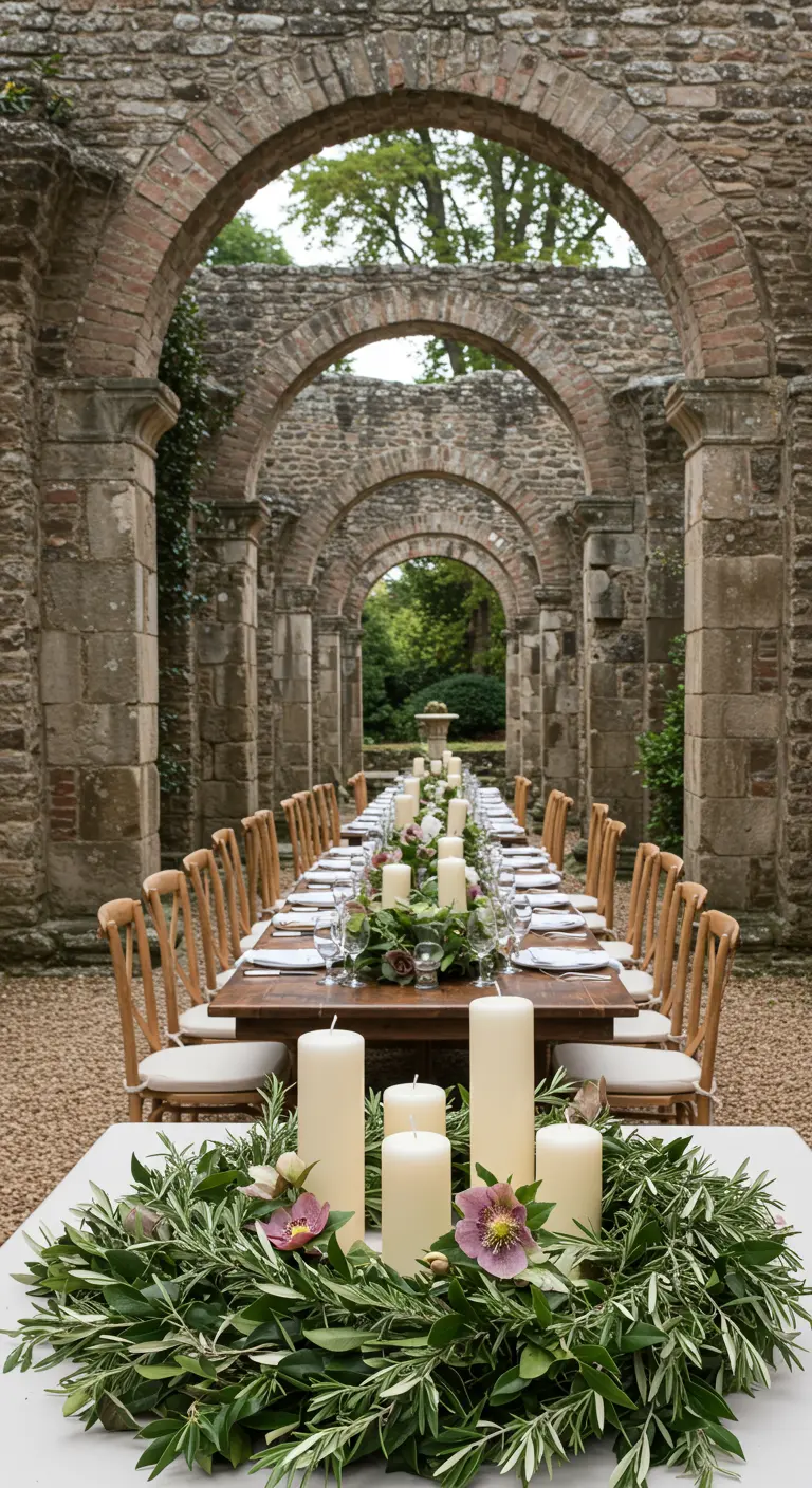 A wreath of olive leaves and white candles serves as a centerpiece on a long table in stone ruins.