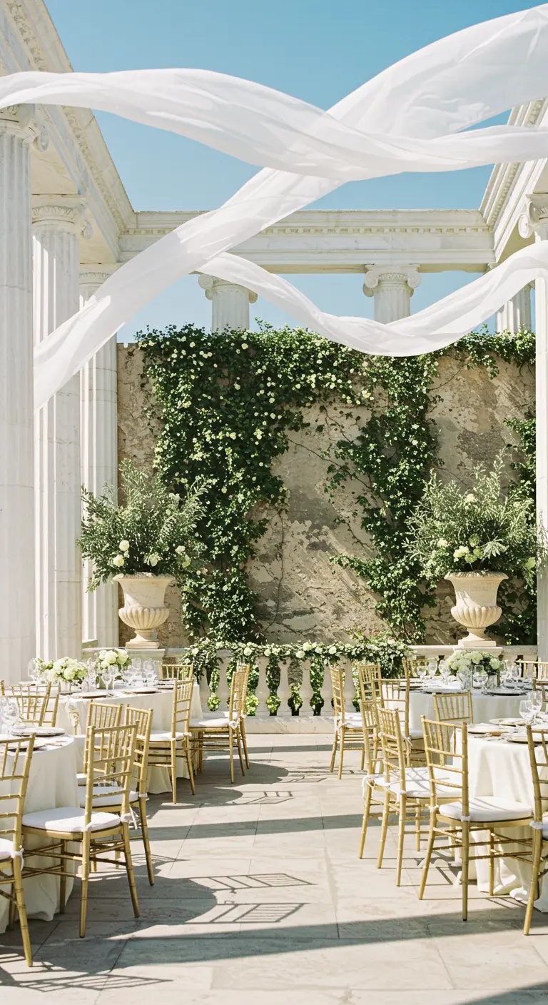 An elegant outdoor party with white columns, billowing fabric, a climbing ivy wall, and gold chairs.
