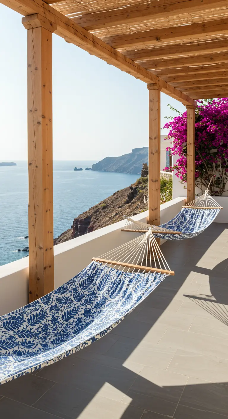 Blue and white patterned hammocks on a sunny terrace overlooking the ocean, with bougainvillea.
