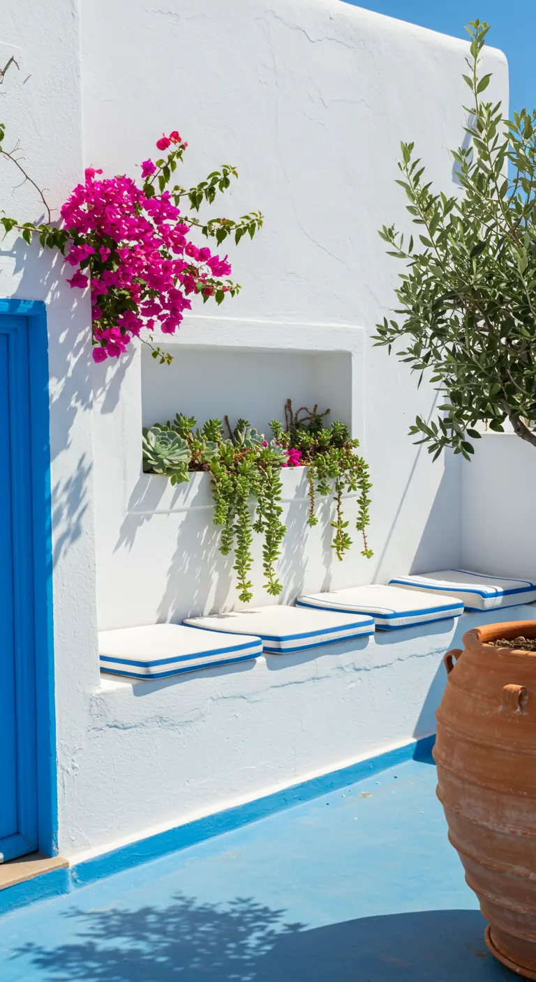 A white bench with blue cushions on a Greek patio, with succulents and pink bougainvillea in a niche.