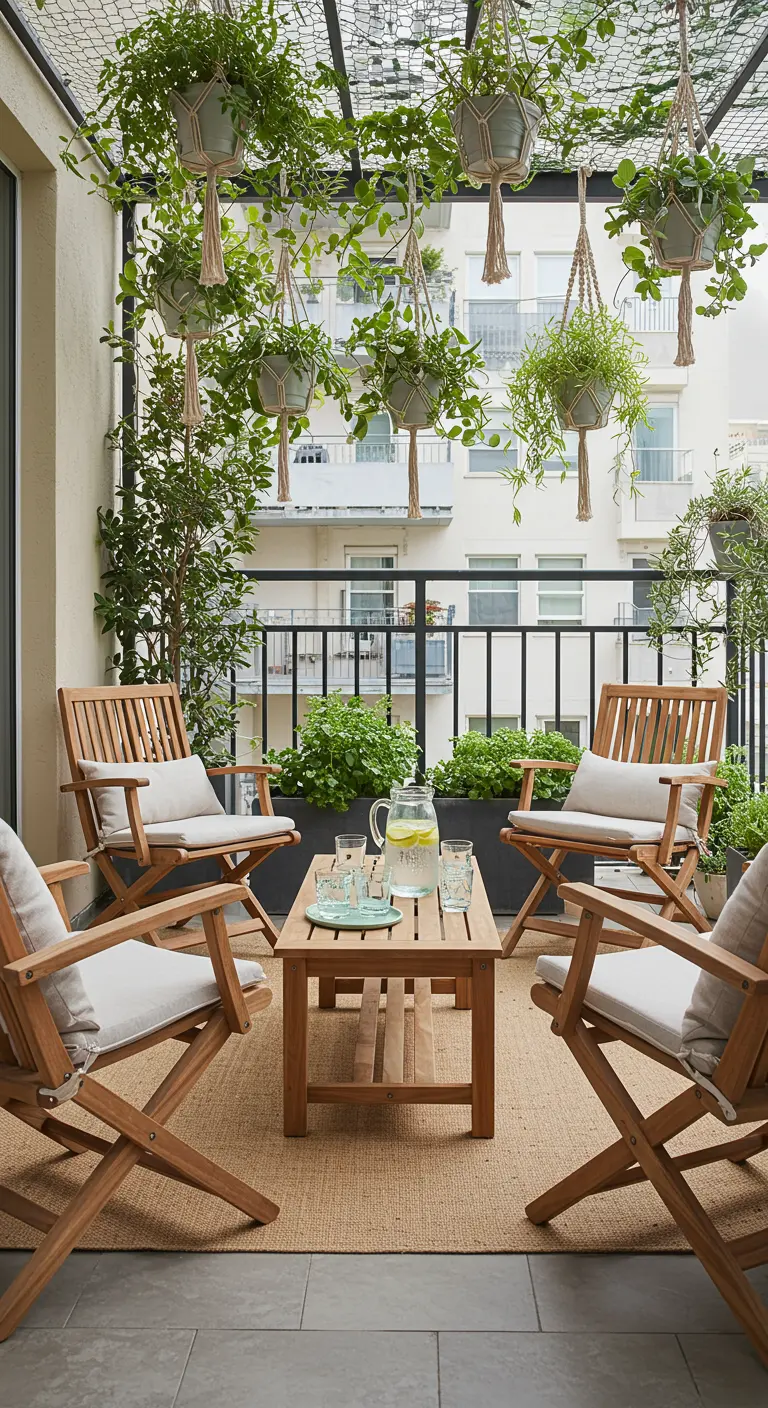A balcony with a trellis overhead covered in dozens of hanging plants in macramé holders.
