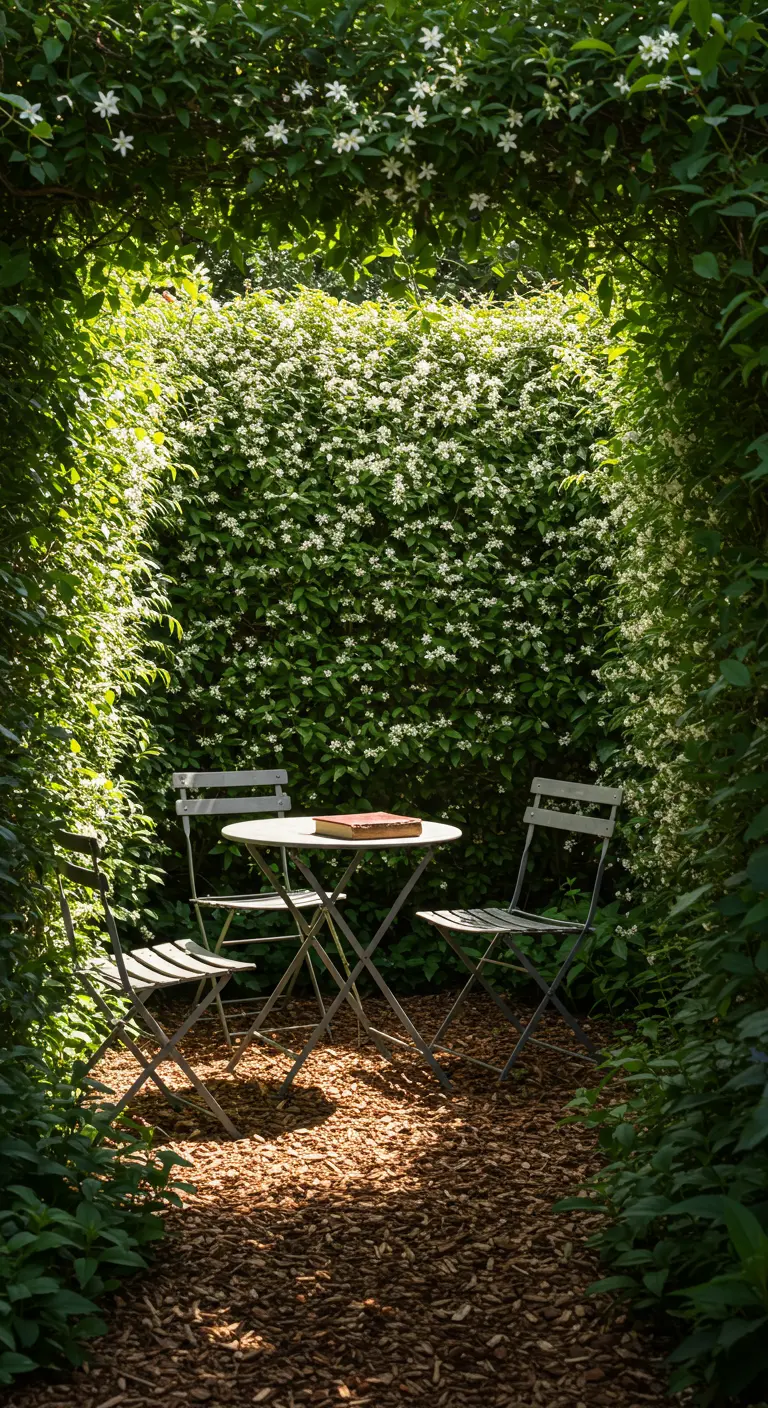 A grey bistro set sits inside a secluded nook formed by tall green hedges.