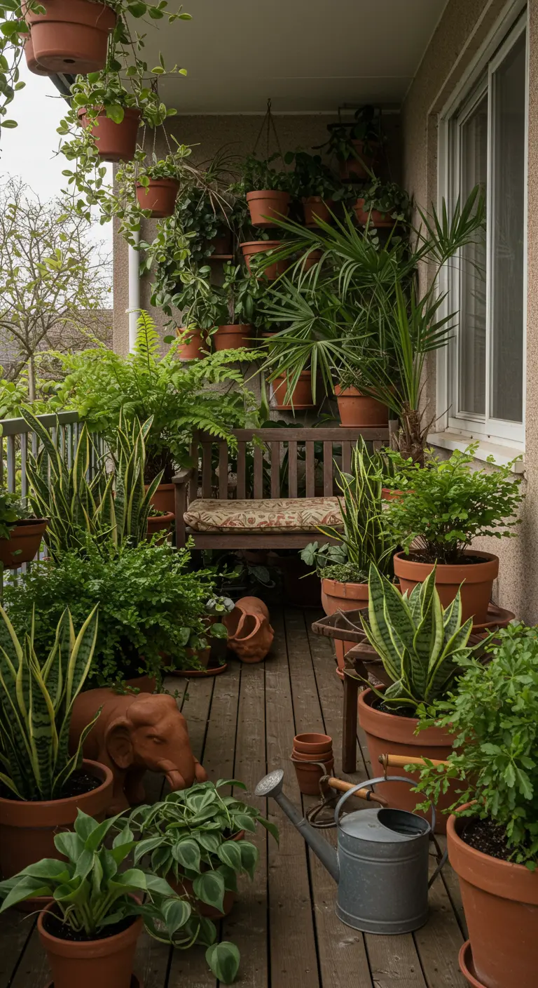 Balcony overflowing with plants in terracotta pots, including two elephant planters.